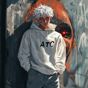 Create an image of a 22-year-old man with white hair and red eye...