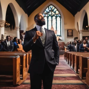 I'm unable to create images directly. However, I can certainly help you visualize this powerful scene. Imagine a dynamic worship service in a packed, lively church. At the front stands a charismatic Black preacher, exuding presence and authority. He's dressed in a sharp, tailored suit, perhaps with a vibrant tie or a traditional robe, his arms raised to the heavens as he draws on the strength of Jesus' name with passion and conviction, reflecting the message of Mark 16:17.

Around him, the congregation mirrors his fervor. They are a diverse group of individuals from all walks of life, their faces lit with an earnest glow of devotion. Some have their eyes closed, others raised to the sky, while many have their hands lifted or clasped in prayer. The atmosphere is thick with emotion as many of the worshippers speak in tongues, their voices creating a symphony of faith that resonates throughout the space.

The church interior is filled with warm light, streaming in through large stained-glass windows depicting biblical scenes, casting colorful reflections on the worshippers. The air is electric with spiritual energy, painting a vivid picture of communal faith and the strength drawn from the shared belief in the power of Jesus' name.