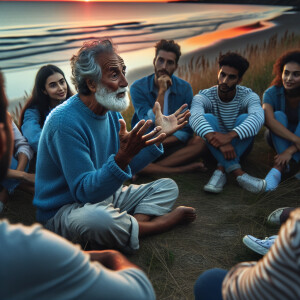 A swarthy gray-haired man sits on the grass near the sea and tel...