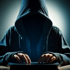 Front view shot of A mysterious hooded character looking down at...