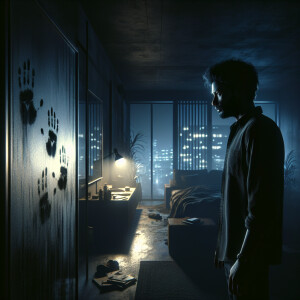 A modern but abandoned room in which a man stands and looks at a...