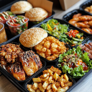 自助快餐是专注于健康轻食，包括多种肉类、海鲜、新鲜蔬菜、高纤维食...