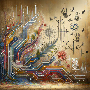 The golden ratio, Minimalist art Circuit, boards, circuitry, diagrams Cellular structures, DNA, circuit boards, colorful wires,  asian and Egyptian  graffiti, lie detector graphs, cardio, printout , branches infinity sign, cave, Art, handprints, distant birds flying, flowering vines, abstract gestural painting, dna