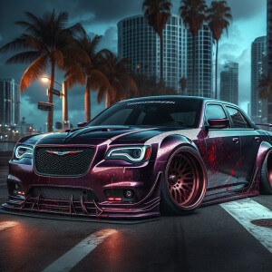 A metallic purple with Chrysler 300c with a wide body kit parked...