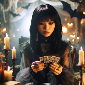 A medium-built Asian woman with long, black hair styled with ban...