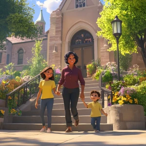 Create an animated Pixar image of a beautiful happy biracial family walking up the steps of a church