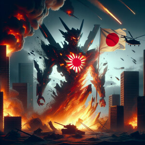 Japan as a transformer character, rising sun emblem and Japan fl...