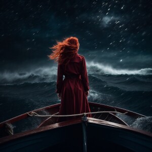 red-haired woman standing on the bow of a boat, stormy sea ragin...