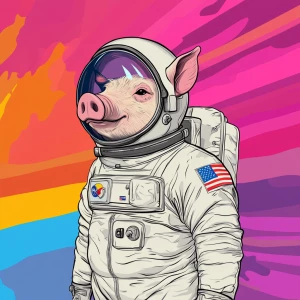 Cute cartoon pig in vintage white spacesuit and NASA style helme...
