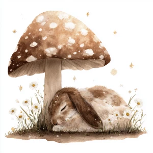 A fluffy rabbit sleeping peacefully under a large spotted mushro...