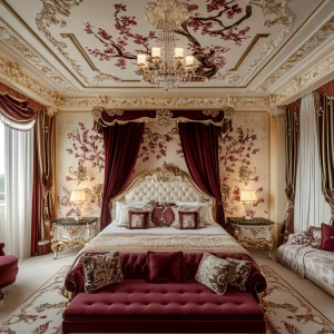 photo of a baroque palace bedroom with canopy bed, baroque class...