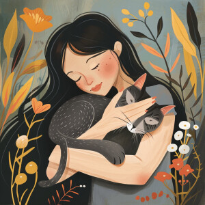 An erté type of drawing with the woman holding a cat