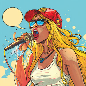 female cartoon character with yellow long hair, sunglasses, and...