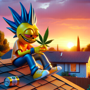 Bart Simpson smokes weed on the roof of a house, sunset outside