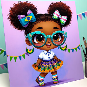 A chibi-style image of an African American 3-year-old girl, stan...