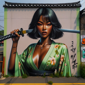Street art: Korean scene landscape standing in a fight stance ....