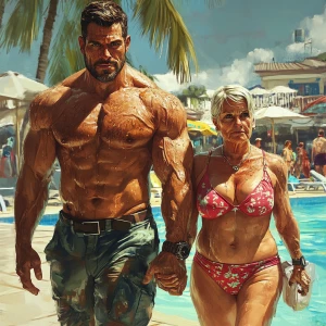 Create a realistic art-style image of a muscular, sweaty hotty m...