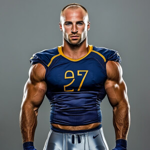 Create a whole body portrait image of a  football player at age...