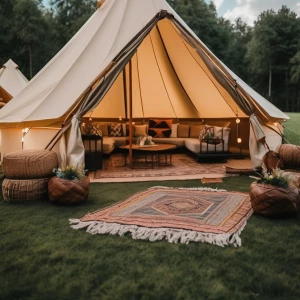 Design an upscale outdoor glamping birthday celebration featurin...