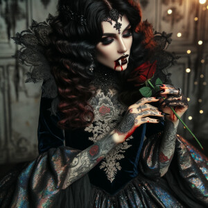 beautiful gothic vampire version of Belle with tattoos, clutchin...