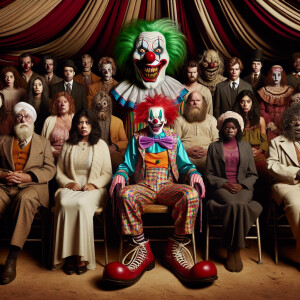 People tied to their chairs in the circus look at the scary clow...