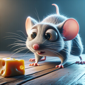 A mouse is  looking for cheese,  egxrated confused look on face,...