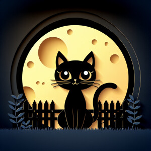 Beautiful black cat with big eyes , sitting on a fence in the mo...