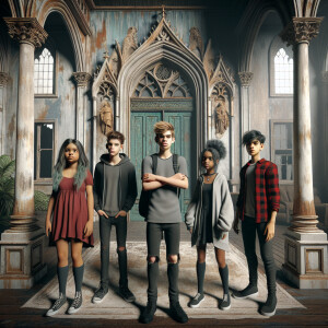 Four teenagers are standing in an abandoned mansion. There's an...