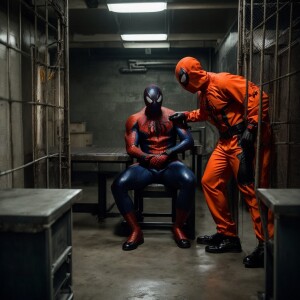 Create an image of Venom, Spiderman, and Deadpool in a detention...