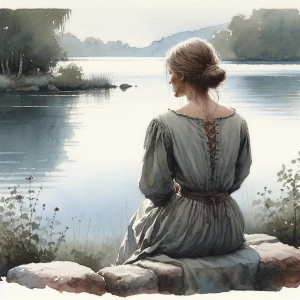 9:16 a watercolor painting of a woman sitting with her back to u...