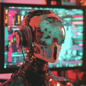 Depict a glitchy alien cyborg composed of VHS static and pixelated imagery intertwined with retro circuitry, all flickering on an aged CRT monitor, infused with the aesthetic of a 1980s 1292 Advanced Programmable Video System.