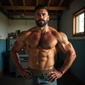 Create an image of a mude muscular, hairy trucker who is confide...