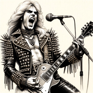 Rock star with long blonde hair playing a Les Paul guitar dressed in leather and spikes screaming into a microphone