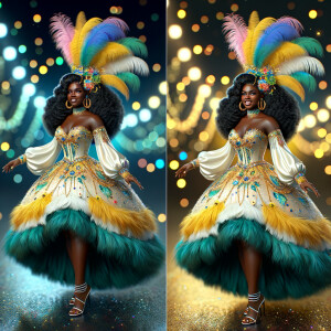 Create a 3-D  vivid full-body view of a colorful glossy hyper-realistic oil painting of a detailed illustration full length photo single image of a beautiful African-American caramel skinned woman plus sized, with long, black, wavy hair, her make up is airbrushed and flawless, she is dressed in a white, teal and yellow large, elaborate, elegant, very detailed carnival costume with colorful African-American pink, blue, gold yellow green feathers, flawless makeup, prominent lashes, black peep toe heels, white pixie hair, background bokeh, she is stunning and smiling, digital art.