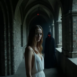 A dimly lit gothic cathedral hallway with intricate stone and we...