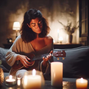 A serene woman in her 30s playing a ukulele in a dim, candlelit...