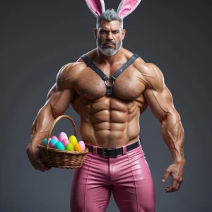 Create a depiction of a muscular man with bunny ears and a baske...