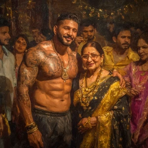 Realism,photo painting.a muscular beefy sweaty tattoed indian ma...