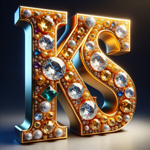 Create a 3-D realistic image with the letters  K.S. in gold raised letters , Add diamonds and colorful jewels