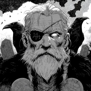 Graphic novel style illustration of Odin, Norse god of wisdom an...