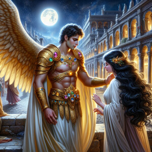 Create an oil painting image featuring a male angel and a grievi...