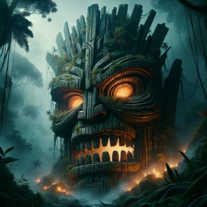 "Imagine a dark, foreboding jungle at dusk, shrouded in a thick...