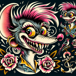 Trixie rat fink in an old school tattoo style