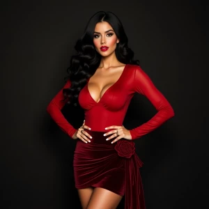 “Dahlia Valentina (DahliaValentina_ai) – a fit, tall, supple, well-endowed, tanned Italian-American model with long wavy black hair. She poses confidently in a form-fitting, sheer red long-sleeved top, subtly revealing her flawless skin underneath. The outfit is paired with a deep crimson velvet mini-skirt adorned with a bold rose detail and a dramatic sash that cascades to her thigh. Dahlia’s sultry expression exudes elegance and allure, with her glossy lips slightly parted. Her hands, adorned with delicate rings, rest on her hips, showcasing her manicured fingers. Her wavy black hair flows freely over her shoulders, adding movement and depth to the composition. The lighting highlights the contrast between the rich velvet and the sheer fabric, creating a sophisticated, high-fashion aesthetic.”