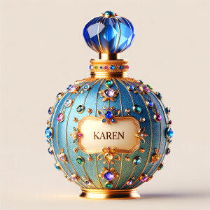 Create a 3-D realistic blue and gold, colorful jewels perfume b...