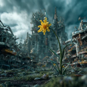 Around a flower with a green stem and yellow petals, piles of me...