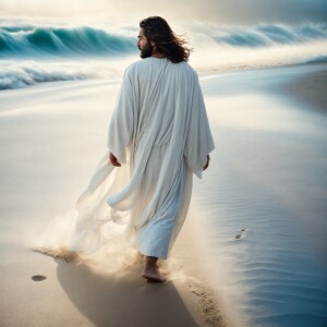 A serene scene of Jesus in a white robe with a blue sash, stroll...