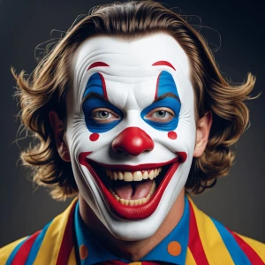 Create an image of Gavin Newsom stylized as a clown, featuring a...