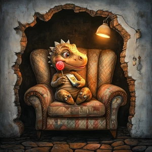 A cute little dinosaur with a fun, happy expression, is sitting on a vintage quilted reading chair.  His head shows the nobbed spikes of a dinosaur. He has a bright shiny red lollipop in his hand and is licking it. His tongue shows that he is licking the lollipop. The scene is shown in dark lighting with the light accetuated on the dinosaur. The scene is shown through a hole in the wall. The floor part of the scene is vintage dark cobble stones. The hole in the white wall is realistic.