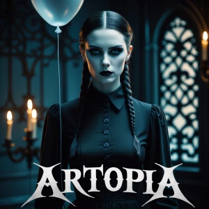ultra-HD vertical portrait of Wednesday Addams standing with a b...